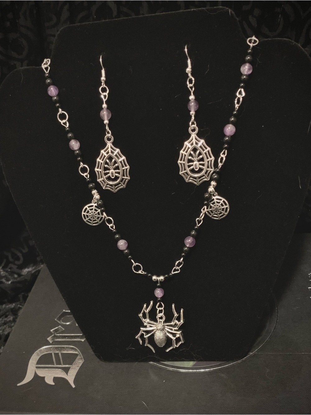 Spider Web Pendant Necklace & Earrings Set - Amethyst Bead Accents